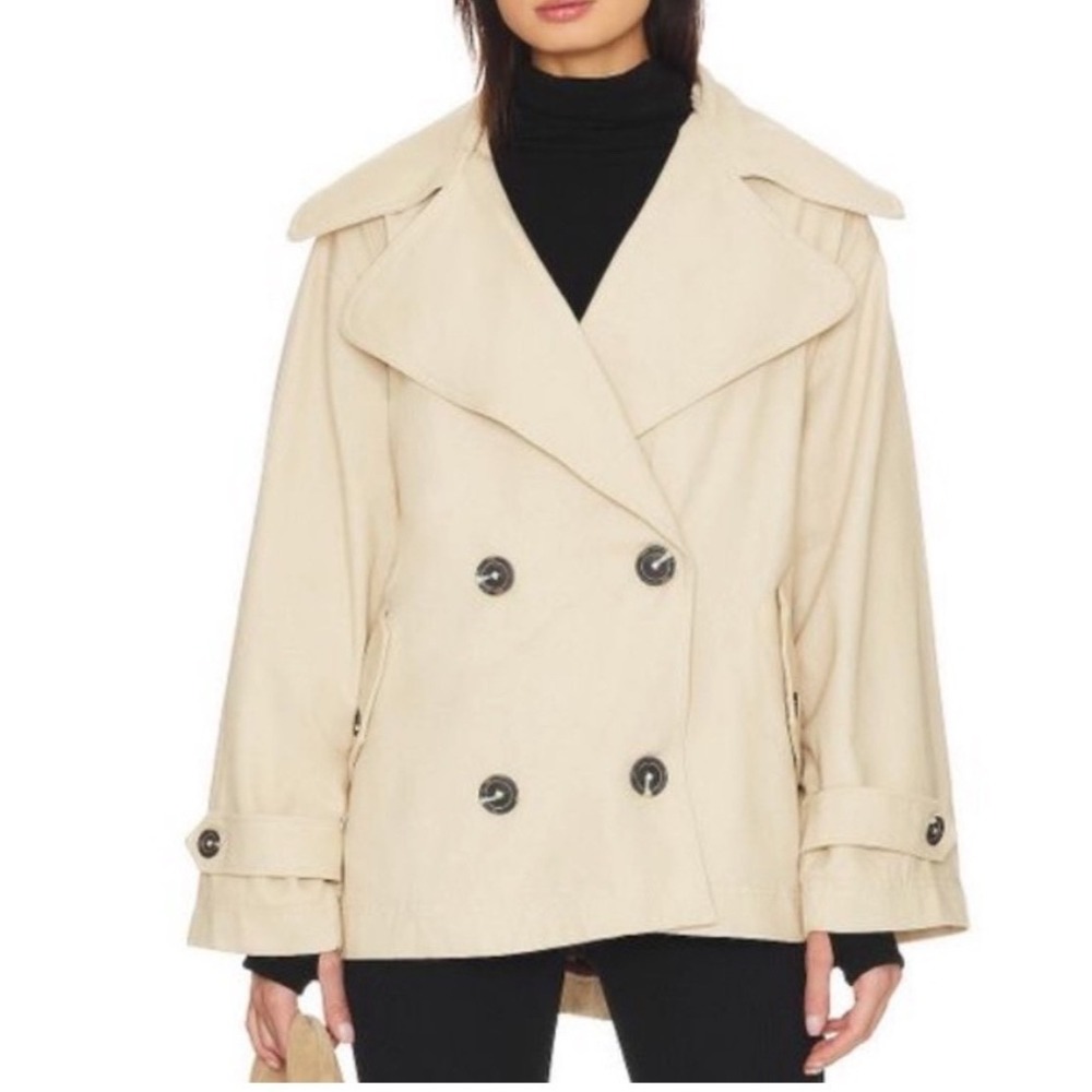 FREE PEOPLE Tan Highlands Double-Breasted Cotton Peacoat Oversized Size Small
